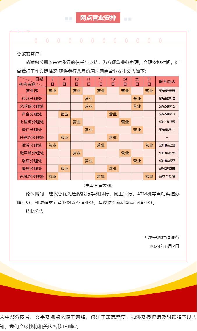天津宁河村镇银行八月份周末网点营业安排
